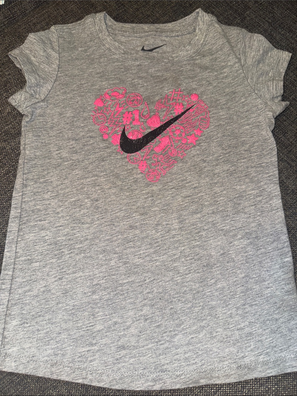 Nike Gray Short-Sleeve Tee with Pink Heart Doodle and Black Swoosh